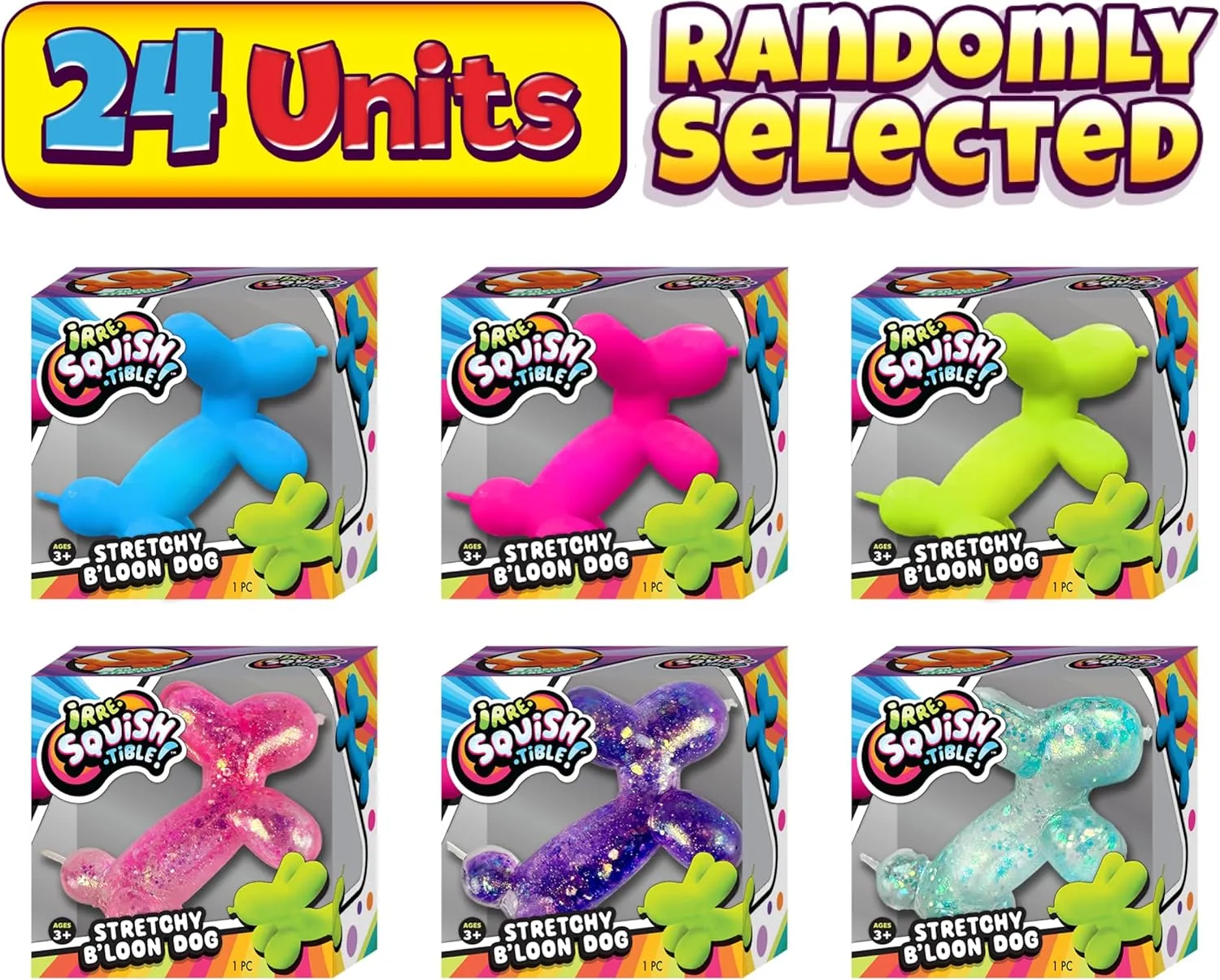Stuffers. 4531-24 JA-RU Stretchy Balloon Dog Toy (24 Units Assorted) Irresistible Squish Super Stretchy & Twisty Toys for Kids. Animal Squeeze Party Favor. Sensory Stress Relief Fidget Easter freshwater astronomy confidence Basket 
