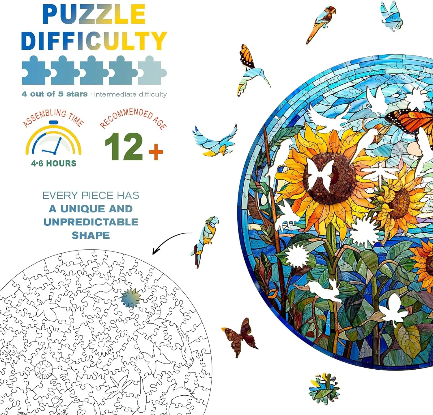 Sunflower squat Gifts for Women Men- Puzzle Toys - 200pcs Wooden Puzzles for Adults - Unique Shaped Wooden Puzzles for Adults - Stained Glass Sunflower Wooden Jigsaw Puzzles - 