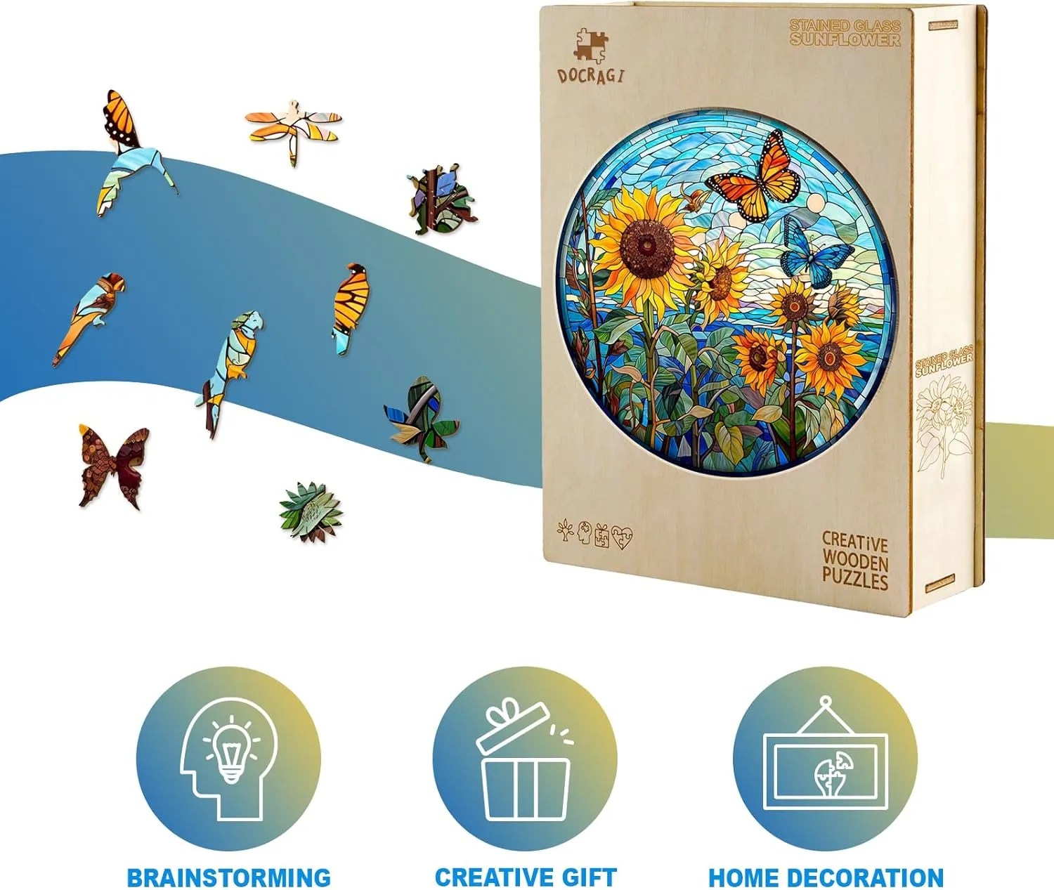 Sunflower squat Gifts for Women Men- Puzzle Toys - 200pcs Wooden Puzzles for Adults - Unique Shaped Wooden Puzzles for Adults - Stained Glass Sunflower Wooden Jigsaw Puzzles - 