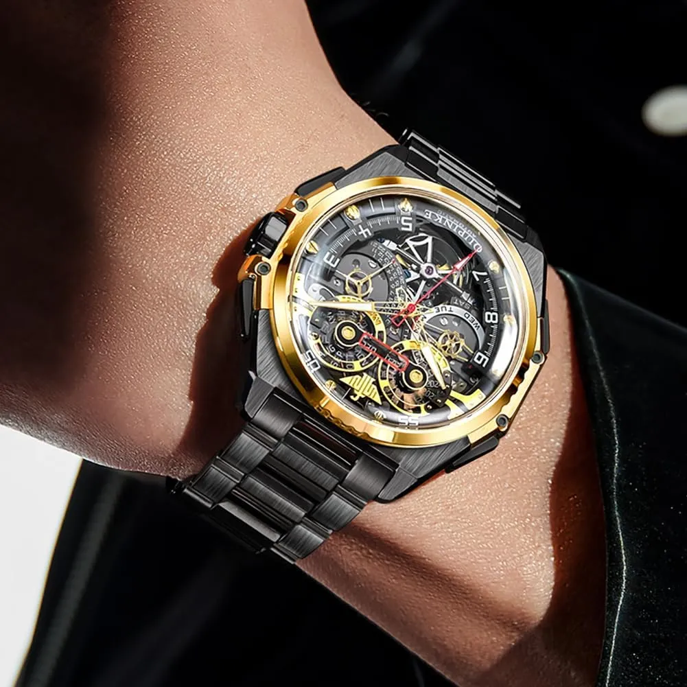 swiftly Wristwatch Sapphire Crystal Calendar Skeleton Luminous 3D Dial with 5ATM Waterproof Luxury Tungsten Steel Strap OUPINKE Watch for Men Automatic 