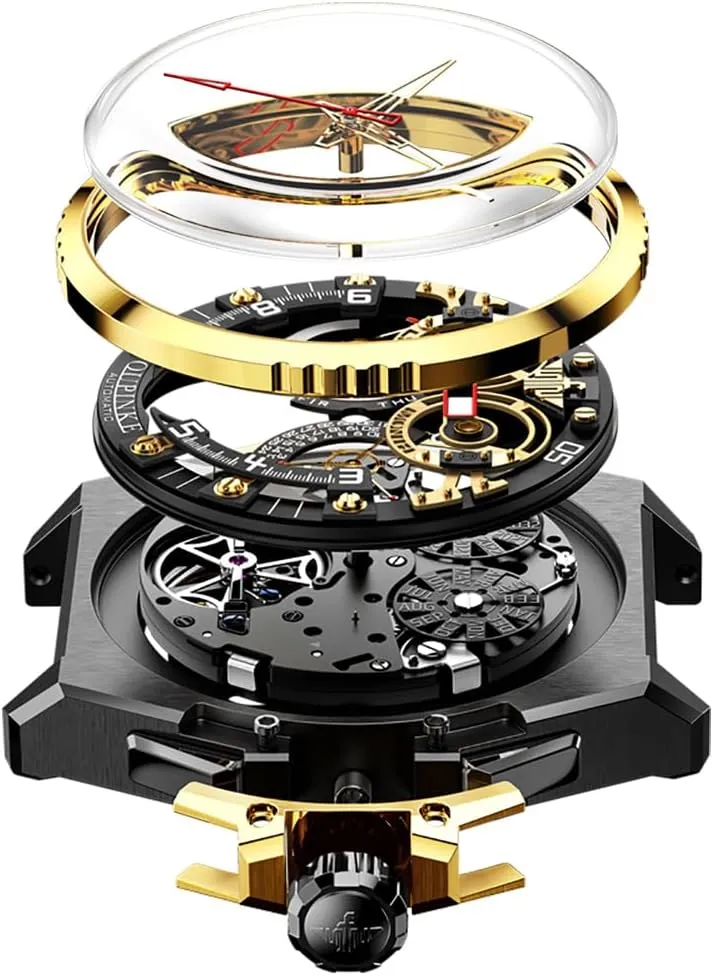 swiftly Wristwatch Sapphire Crystal Calendar Skeleton Luminous 3D Dial with 5ATM Waterproof Luxury Tungsten Steel Strap OUPINKE Watch for Men Automatic 
