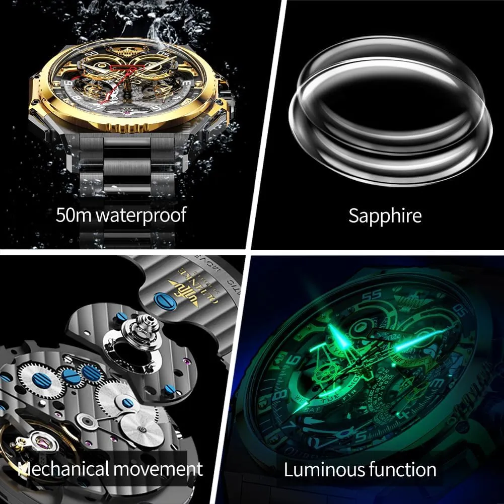 swiftly Wristwatch Sapphire Crystal Calendar Skeleton Luminous 3D Dial with 5ATM Waterproof Luxury Tungsten Steel Strap OUPINKE Watch for Men Automatic 