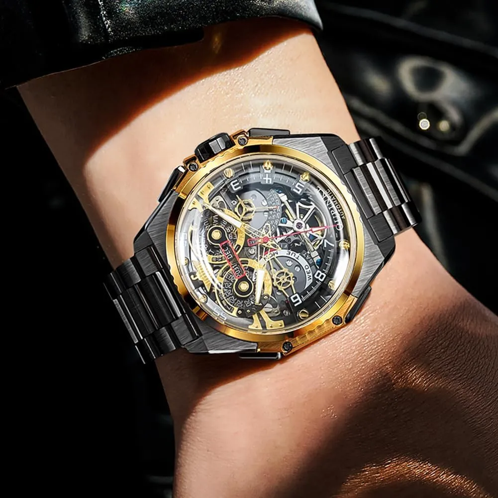 swiftly Wristwatch Sapphire Crystal Calendar Skeleton Luminous 3D Dial with 5ATM Waterproof Luxury Tungsten Steel Strap OUPINKE Watch for Men Automatic 