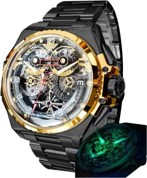 swiftly Wristwatch Sapphire Crystal Calendar Skeleton Luminous 3D Dial with 5ATM Waterproof Luxury Tungsten Steel Strap OUPINKE Watch for Men Automatic 