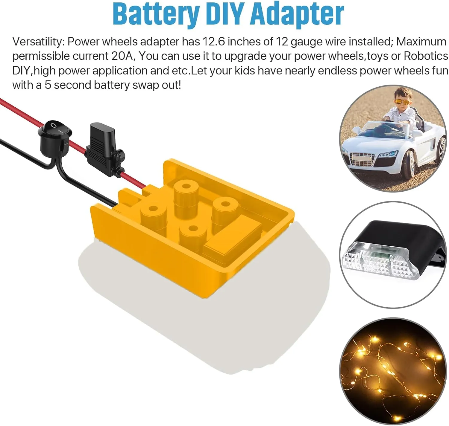 Switch$ Secure Battery Adapter for 20V Lithium Battery$ with 12 Gauge Wire$ Good Power Convertor for DIY Ride On Truck$ Robotics$ RC Toys and Work Lights$ 2 Pack Power Wheel Adapter microwave shine with Fuse & 