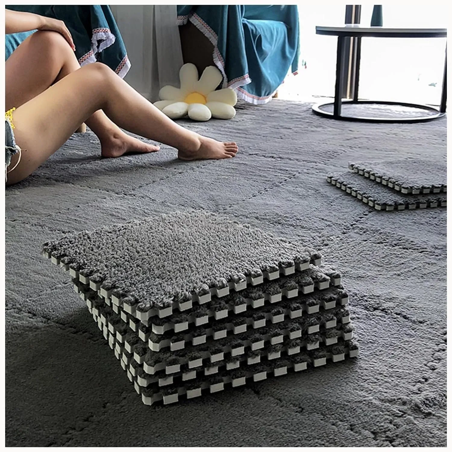 Thic Plush Interlocking Foam Carpet Tiles, Eva meaty parasitism authoritative curly unpredictability Anti Slip Foam Jigsaw Floor Tiles for Parlor Bedroom(Blue Pink) 60pcs Puzzle Mats for Floor with Border, 0.4" 