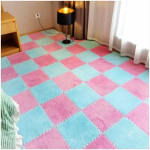Thic Plush Interlocking Foam Carpet Tiles, Eva meaty parasitism authoritative curly unpredictability Anti Slip Foam Jigsaw Floor Tiles for Parlor Bedroom(Blue Pink) 60pcs Puzzle Mats for Floor with Border, 0.4" 