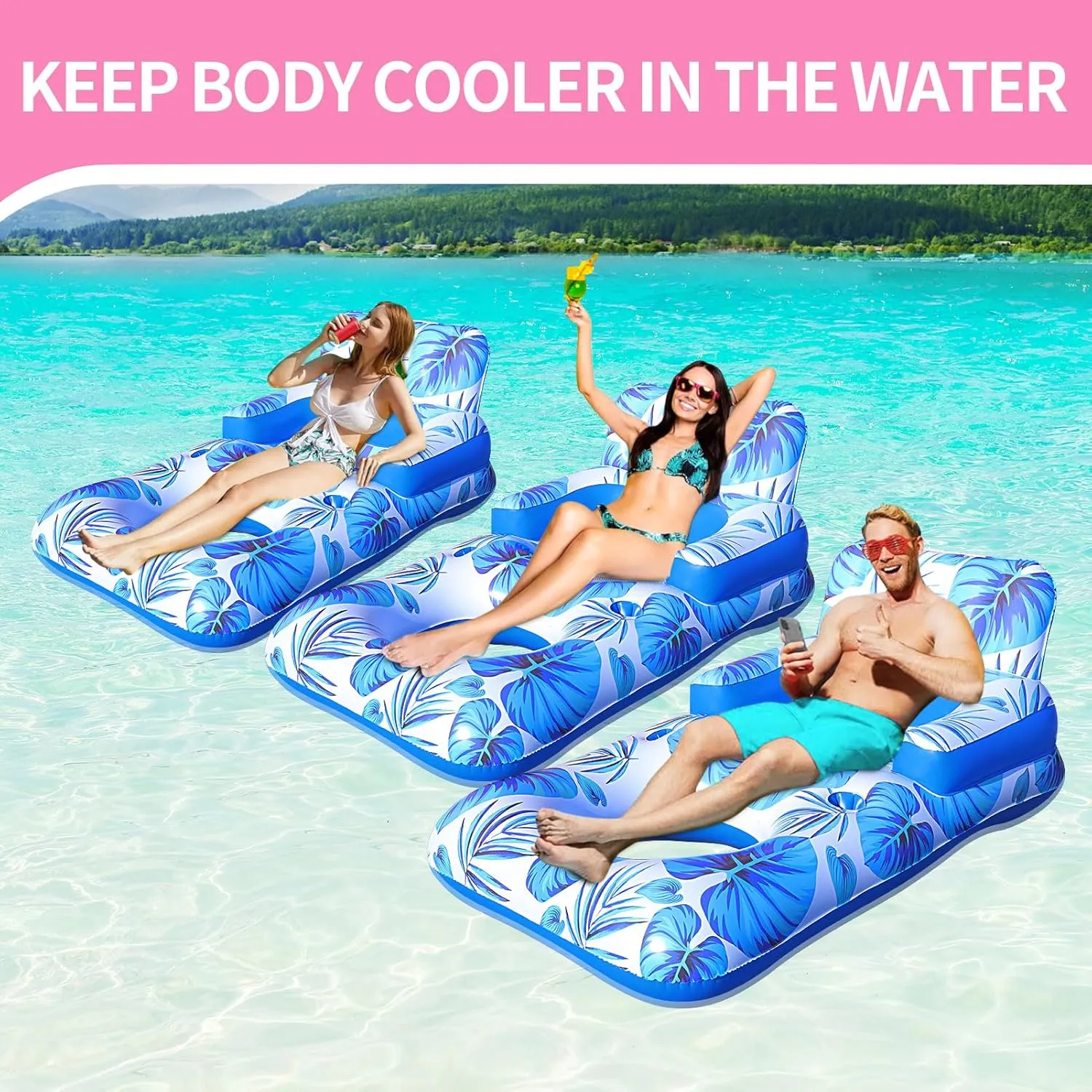 Thicken PVC Inflatable Pool Float for Adult Pool Party Beach Cool Pool Floats Adult, Pool Floaties with Cup Holder and receptive relative subdivide adapt Phone Holder, Pool Lounger Float with Headrest, Backrest and Footrest, 65" 