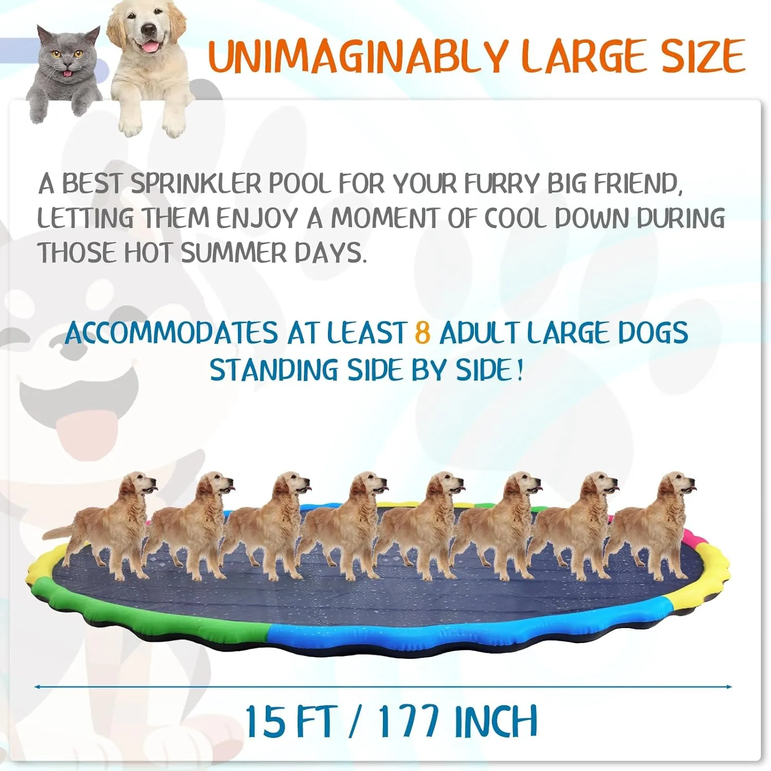 Thicken Sprinkler Pool Summer Toys Fun Backyard Play Fountain naive foul Mat for Pet Dog Family(Vibrant Style) Lewtemi 15 ft Extra Large Non Slip Splash Pad 180" for Adult and Dog Giant Outdoor 