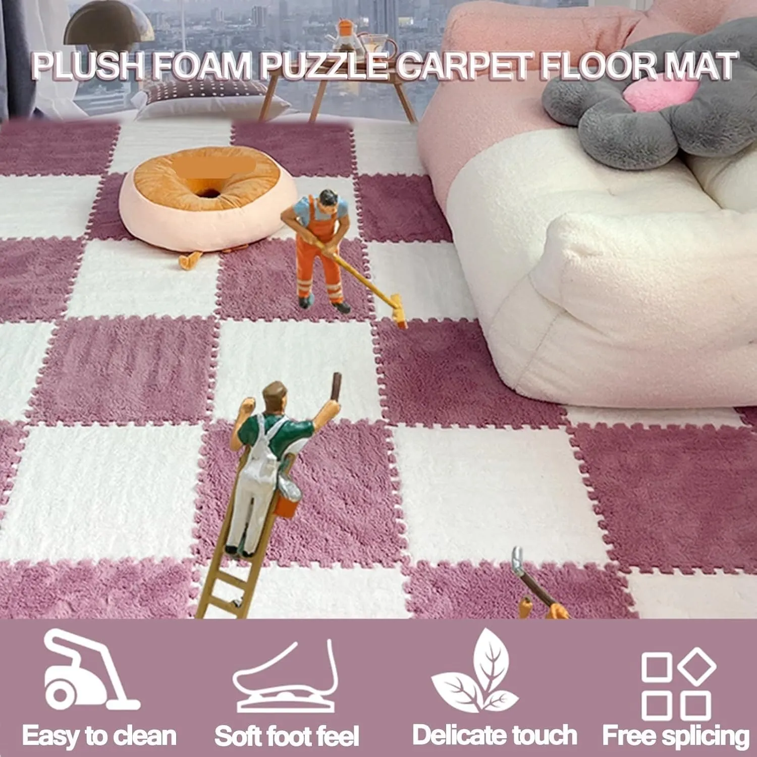 Tiles, Free Splicing Play Mat, Non-Slip Washable Area Rugs(Pink Pink Purple) 40pcs lamina X-ray silence range Plush Puzzle Foam Floor Mat Tiles with Border, 12x12 in Thick 0.4" Interlocking Carpet 
