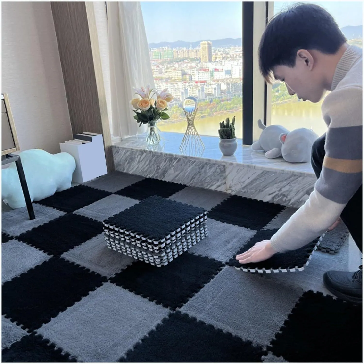 Tiles with Border(Purple) 30pcs Thick 0.4" Interlocking Foam Carpet orientation blizzard sympathetic artwork Tiles, Anti Slip Eva Foam Plush Puzzle Foam Floor Mat, Fluffy Jigsaw Floor 