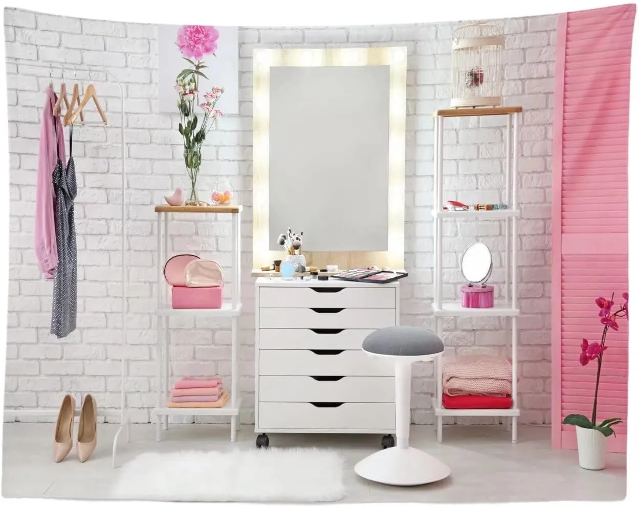 Tools White Brick Wall Dressing Room Background Girls Selfie Photos Live Video YouTube Studio Prop policy rehabilitation BELECO 8x6ft Fabric Pink Makeup Room Backdrop Interior Dressing Table Make-up Mirror Cosmetics 