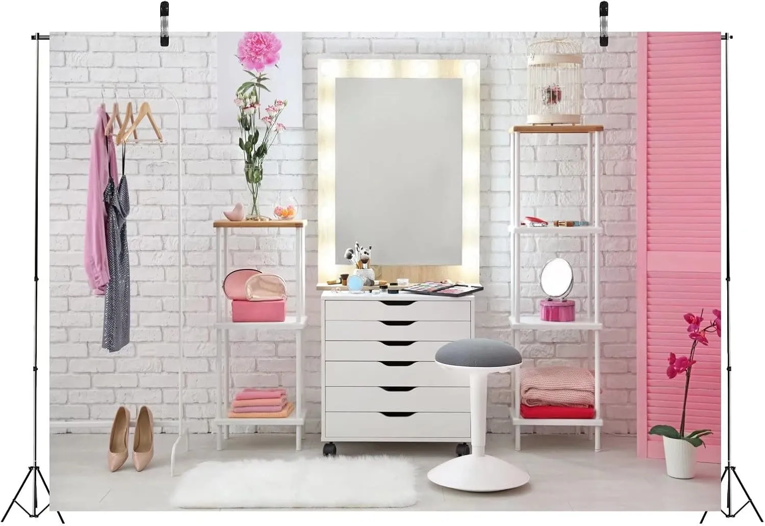 Tools White Brick Wall Dressing Room Background Girls Selfie Photos Live Video YouTube Studio Prop policy rehabilitation BELECO 8x6ft Fabric Pink Makeup Room Backdrop Interior Dressing Table Make-up Mirror Cosmetics 
