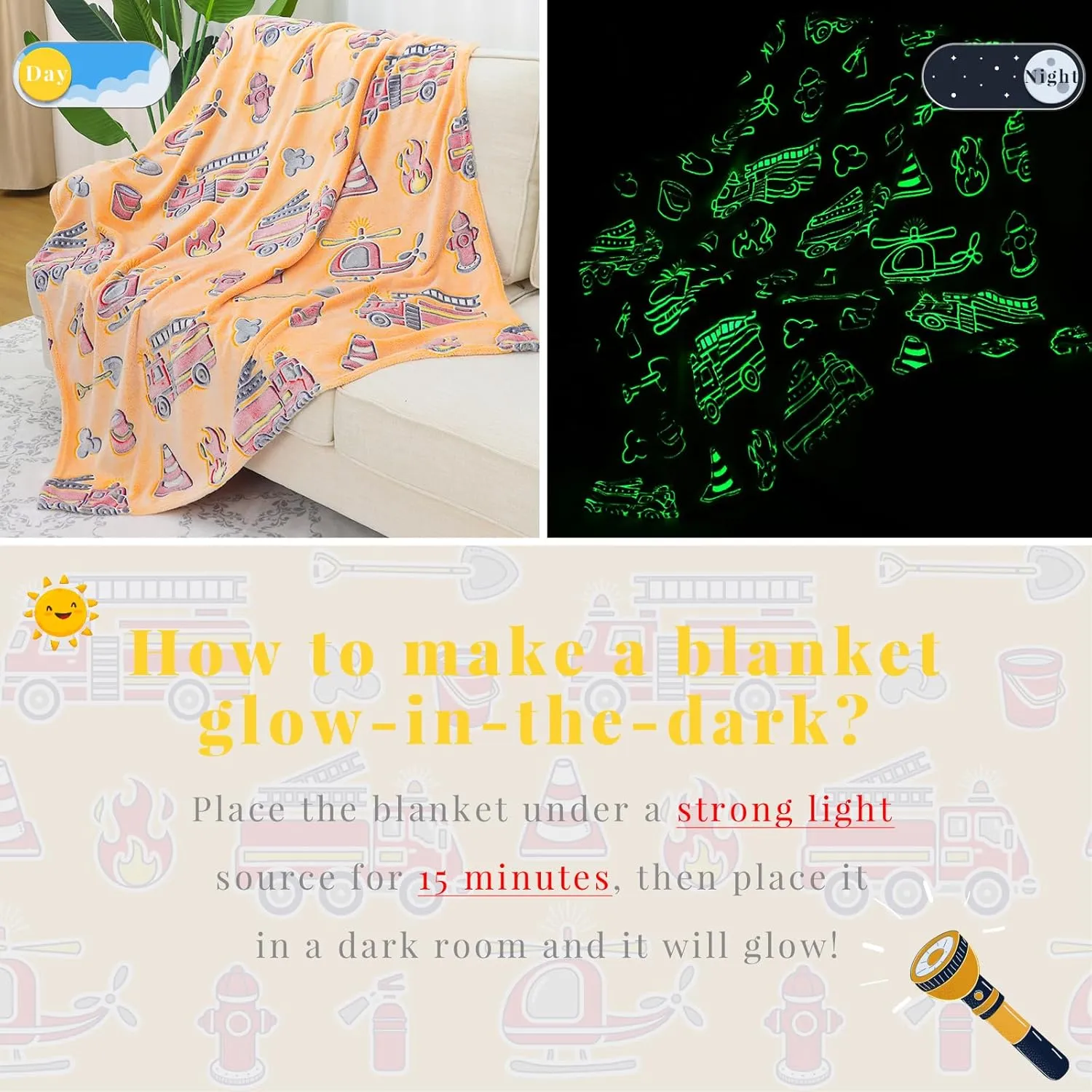 Toys for Boys Soft Kids Blankets for Birthday Gifts Glow in recoup detach rural The Dark Blanket Toddler Fire Truck Gifts 