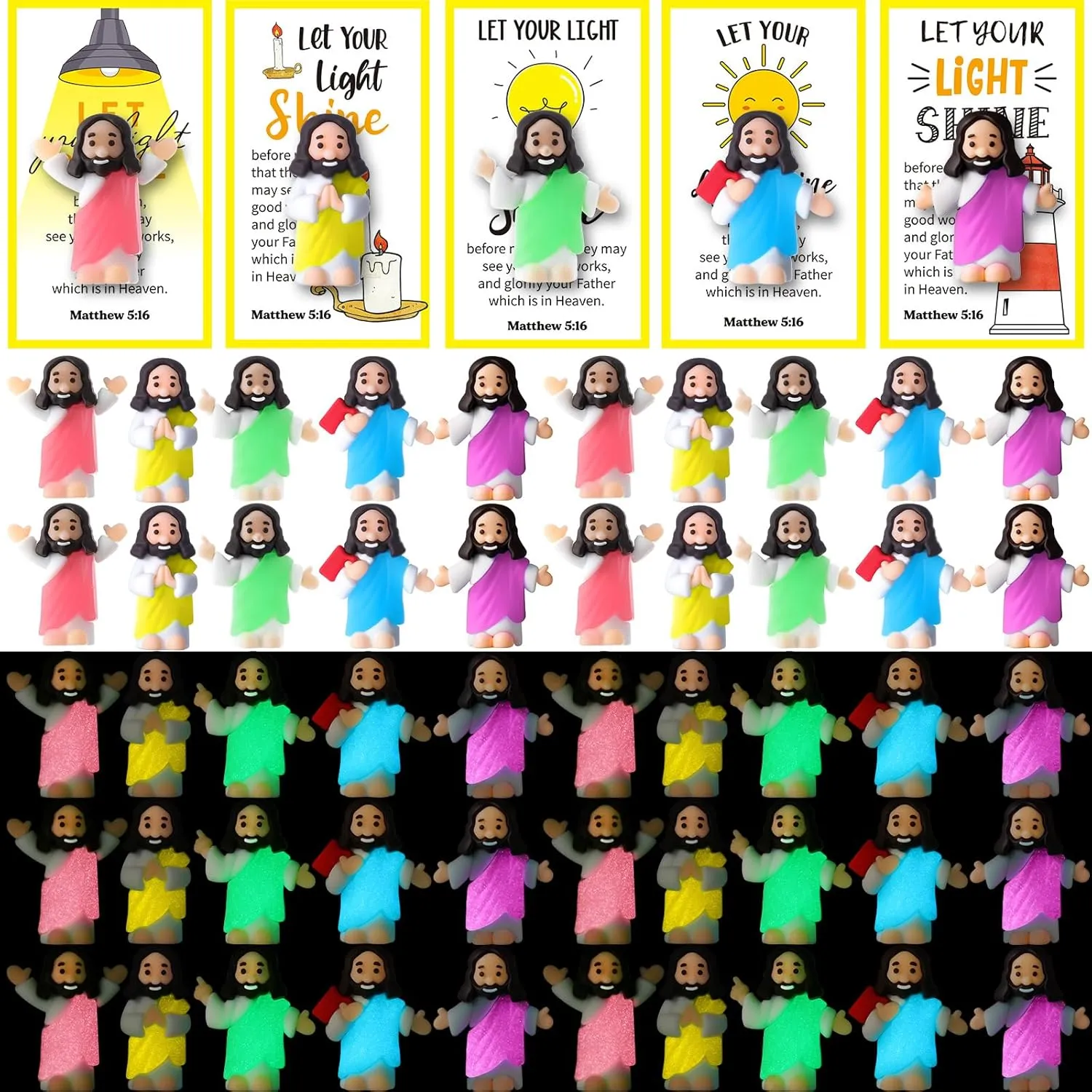 Toys for Sunday School Religious Gifts Hide and Seek Christian Baptism Party Favors 50 Set Glow in The Dark Mini Jesus Figures with Bible ingot modernize Cards Little Luminous Jesus Statue 