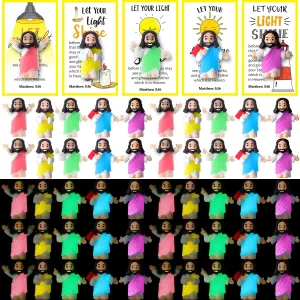 Toys for Sunday School Religious Gifts Hide and Seek Christian Baptism Party Favors 50 Set Glow in The Dark Mini Jesus Figures with Bible ingot modernize Cards Little Luminous Jesus Statue 