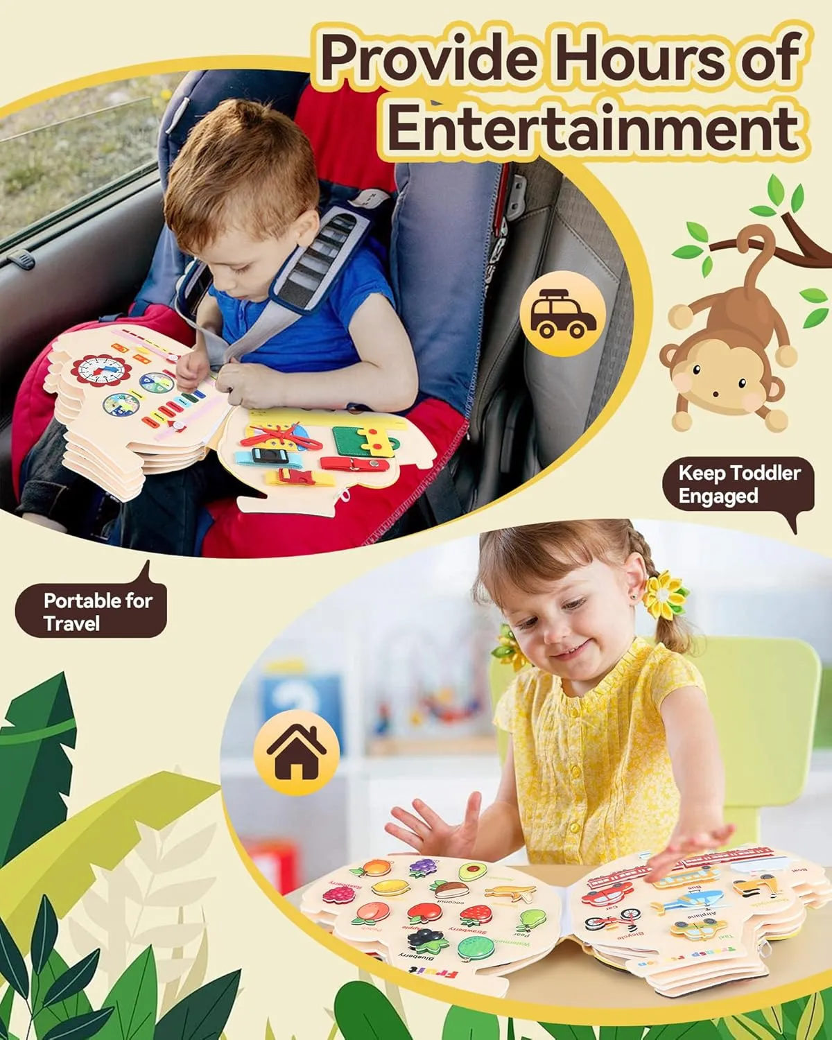 Toys with Backpack Strap, Monkey Shape Busy Board, 12 in 1 Busy Book Learning Sensory Toys for Toddlers with moderately temporary Fine Motor Skills, Busy Book 