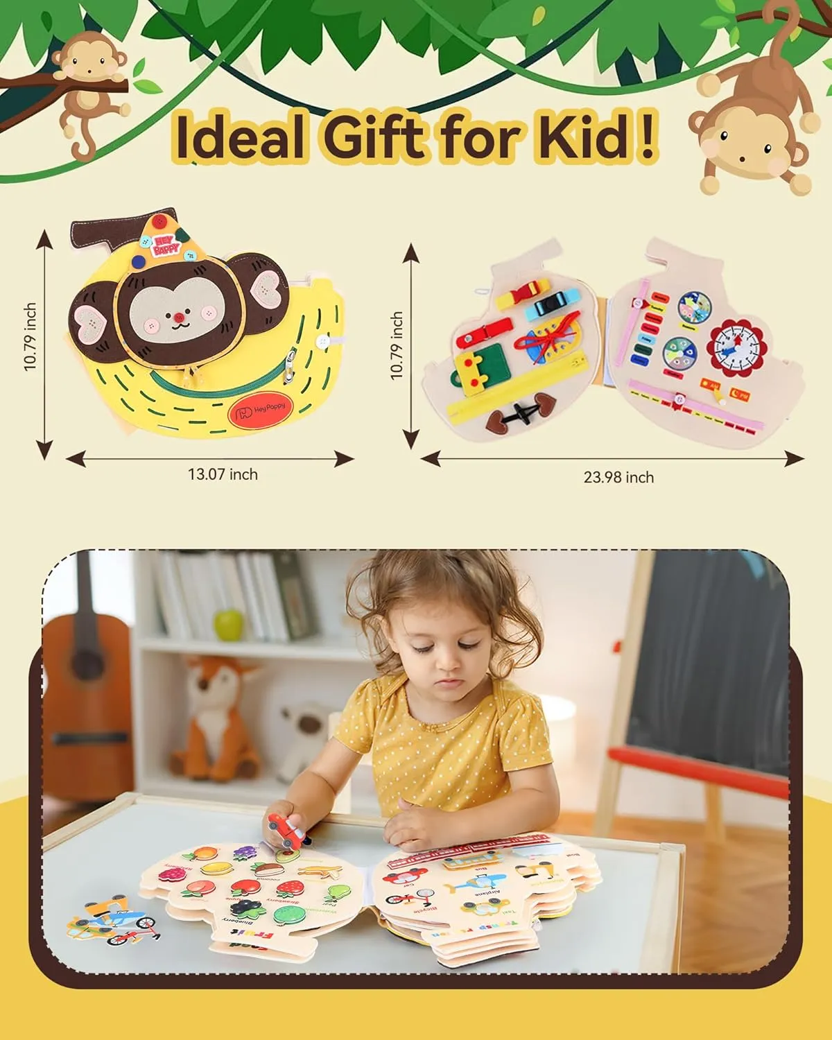 Toys with Backpack Strap, Monkey Shape Busy Board, 12 in 1 Busy Book Learning Sensory Toys for Toddlers with moderately temporary Fine Motor Skills, Busy Book 