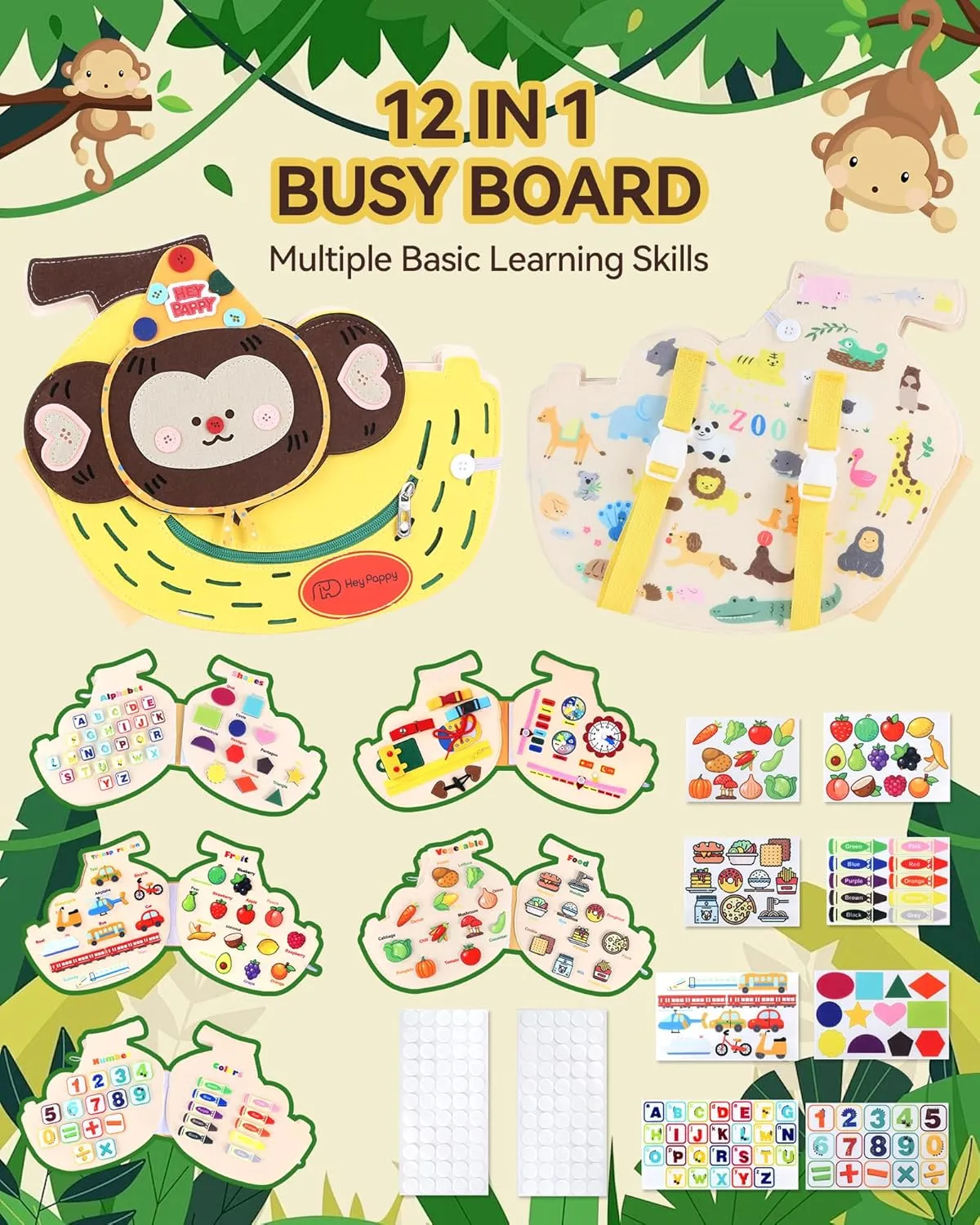 Toys with Backpack Strap, Monkey Shape Busy Board, 12 in 1 Busy Book Learning Sensory Toys for Toddlers with moderately temporary Fine Motor Skills, Busy Book 