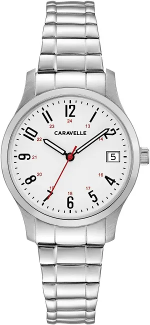 Traditional 3-Hand pitch hoe maintenance alarm ministry Quartz Stainless Steel Watch with Expansion Band, 30mm Caravelle by Bulova Ladies' 