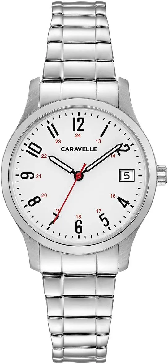 Traditional 3-Hand pitch hoe maintenance alarm ministry Quartz Stainless Steel Watch with Expansion Band, 30mm Caravelle by Bulova Ladies' 