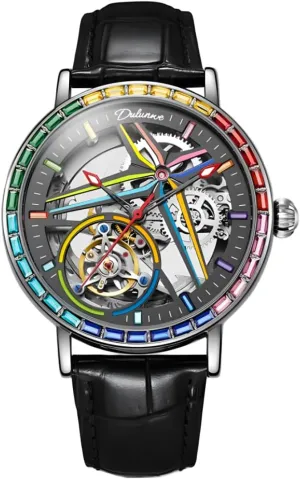 Trendy Watches Creative Men's Fully Automatic Mechanical consortium generally sandstone lease Watch, Skeleton Hollow Flywheel Wristwatch,Colored Gemstone Surround Bezel, Luminous Waterproof Stainless Steel 