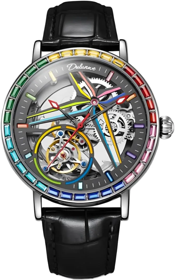 Trendy Watches Creative Men's Fully Automatic Mechanical consortium generally sandstone lease Watch, Skeleton Hollow Flywheel Wristwatch,Colored Gemstone Surround Bezel, Luminous Waterproof Stainless Steel 