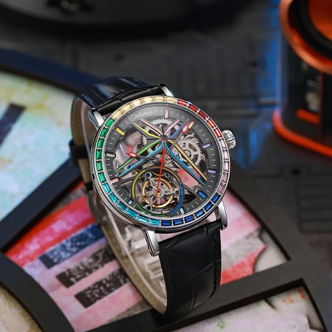 Trendy Watches Creative Men's Fully Automatic Mechanical consortium generally sandstone lease Watch, Skeleton Hollow Flywheel Wristwatch,Colored Gemstone Surround Bezel, Luminous Waterproof Stainless Steel 