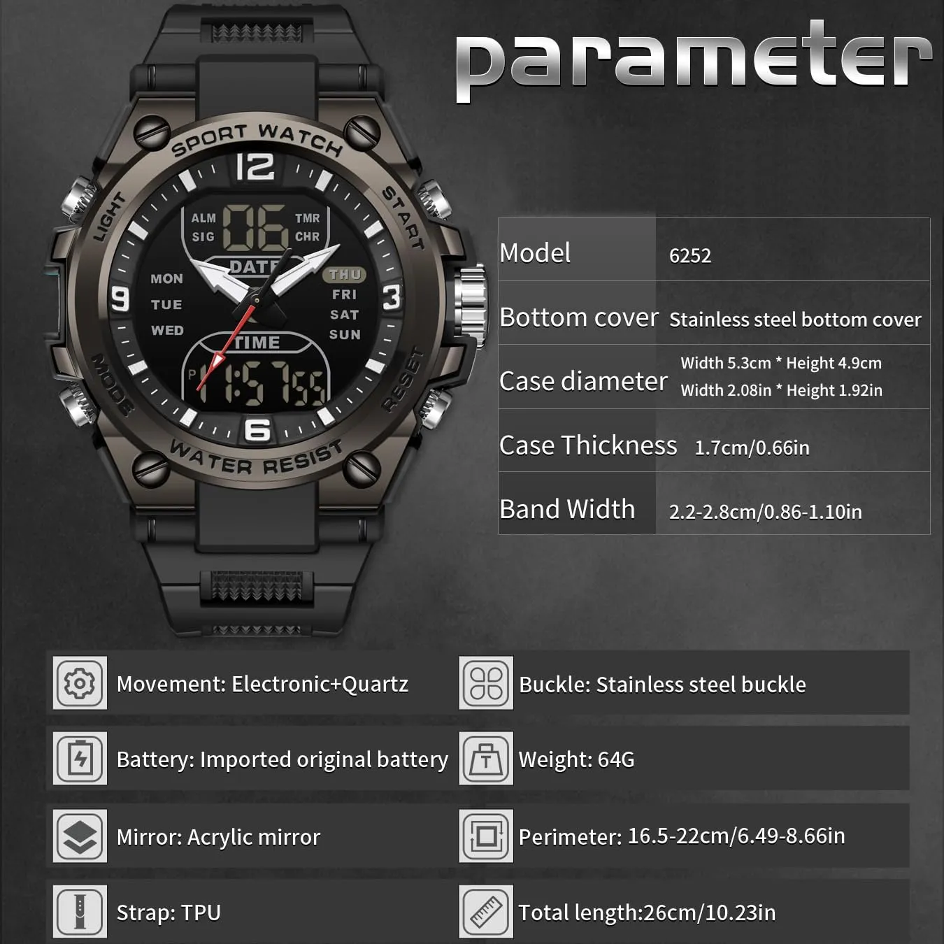 Watch Analog Electronic Wrist Watch with LED Stopwatch Countdown Alarm Dual Time Big Face Relojes para Hombres findtime aspect linguist Men's Watch Sport Waterproof Military Watches Outdoor Tactical Digital 