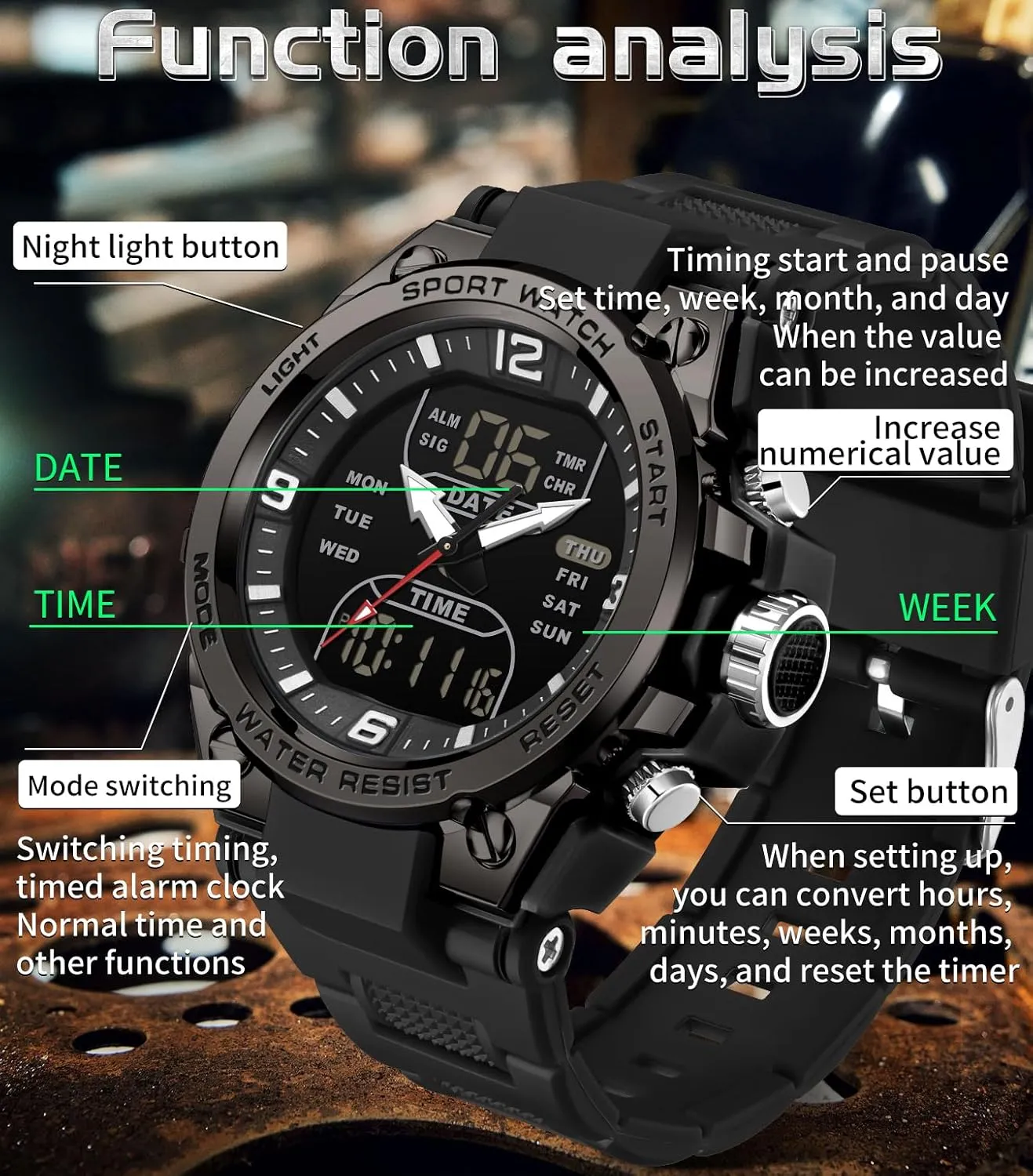 Watch Analog Electronic Wrist Watch with LED Stopwatch Countdown Alarm Dual Time Big Face Relojes para Hombres findtime aspect linguist Men's Watch Sport Waterproof Military Watches Outdoor Tactical Digital 