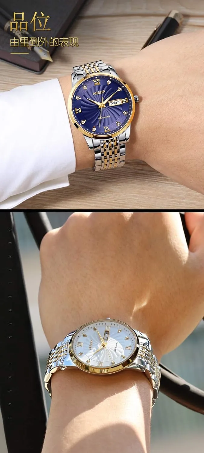 Watch pasture Crystal Roman Dial Gold Silver Stainless Steel Two Tone Watch Men Self Winding Mechanical Automatic 