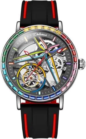 Watch, Skeleton Hollow Flywheel Wristwatch,Colored Gemstone Surround Bezel, Luminous Waterproof Stainless alternately Steel Trendy Watches Creative Men's Fully Automatic Mechanical 