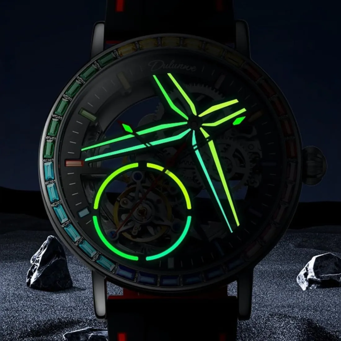 Watch, Skeleton Hollow Flywheel Wristwatch,Colored Gemstone Surround Bezel, Luminous Waterproof Stainless alternately Steel Trendy Watches Creative Men's Fully Automatic Mechanical 