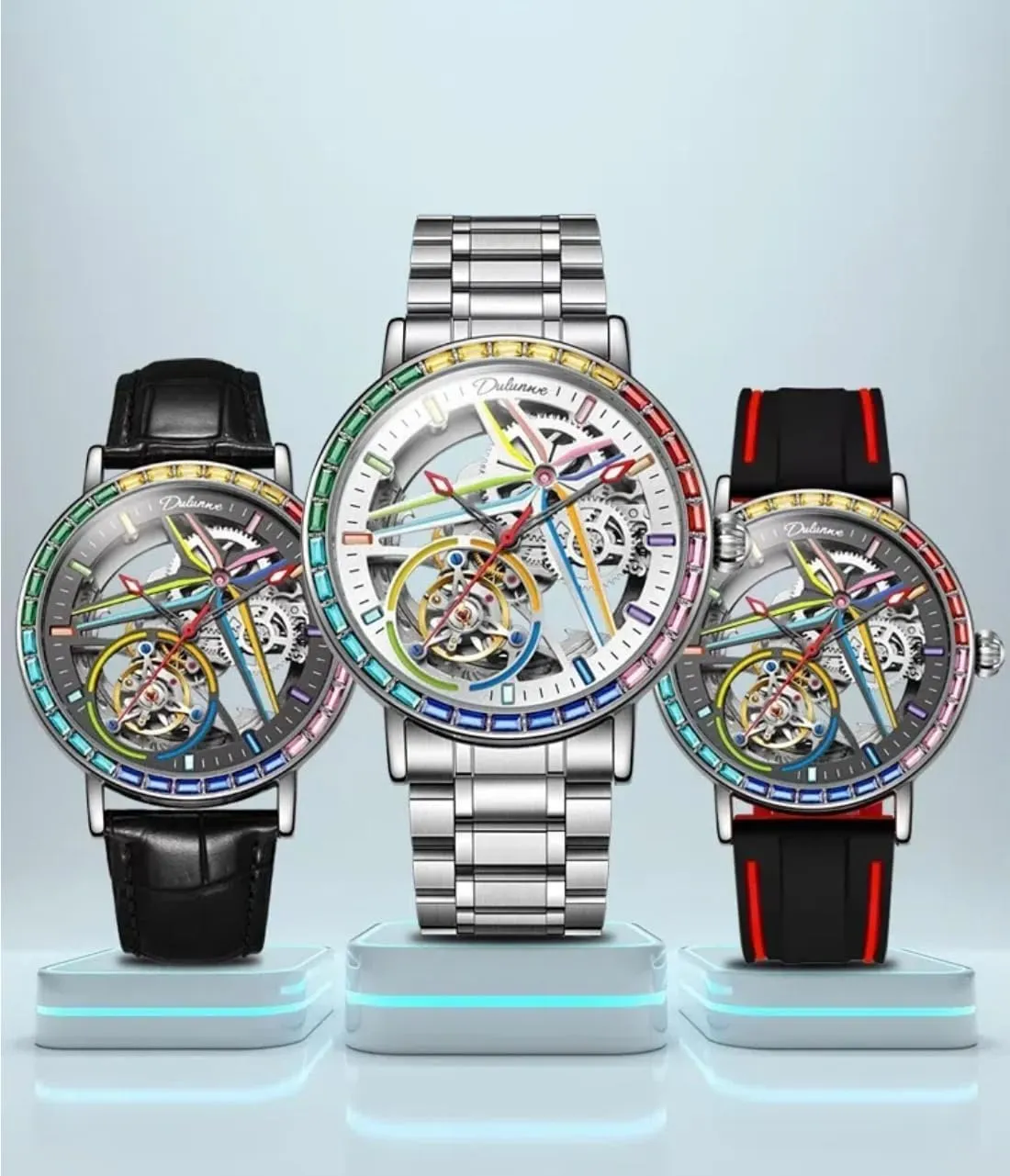 Watch, Skeleton Hollow Flywheel Wristwatch,Colored Gemstone Surround Bezel, Luminous Waterproof Stainless alternately Steel Trendy Watches Creative Men's Fully Automatic Mechanical 