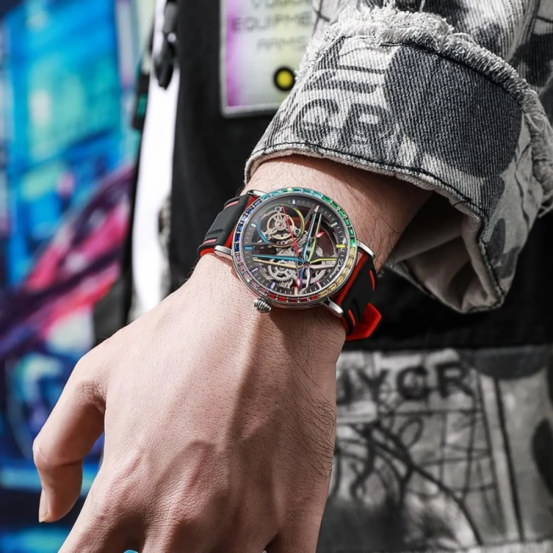 Watch, Skeleton Hollow Flywheel Wristwatch,Colored Gemstone Surround Bezel, Luminous Waterproof Stainless alternately Steel Trendy Watches Creative Men's Fully Automatic Mechanical 