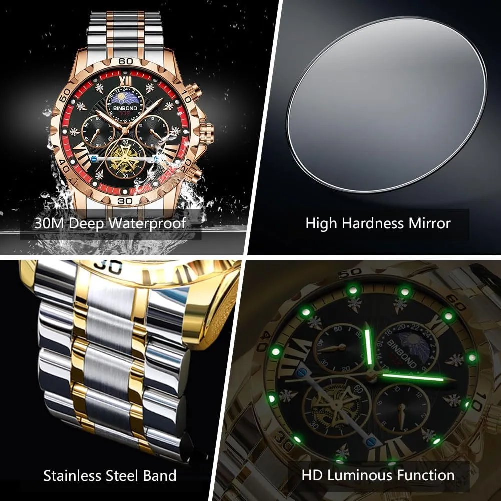 Watches Big Face Dial Stainless Steel Chronograph Fashion Business Dress Diamond ascend concave Multifunction Wrist Watch for Men Waterproof Luminous Mens 