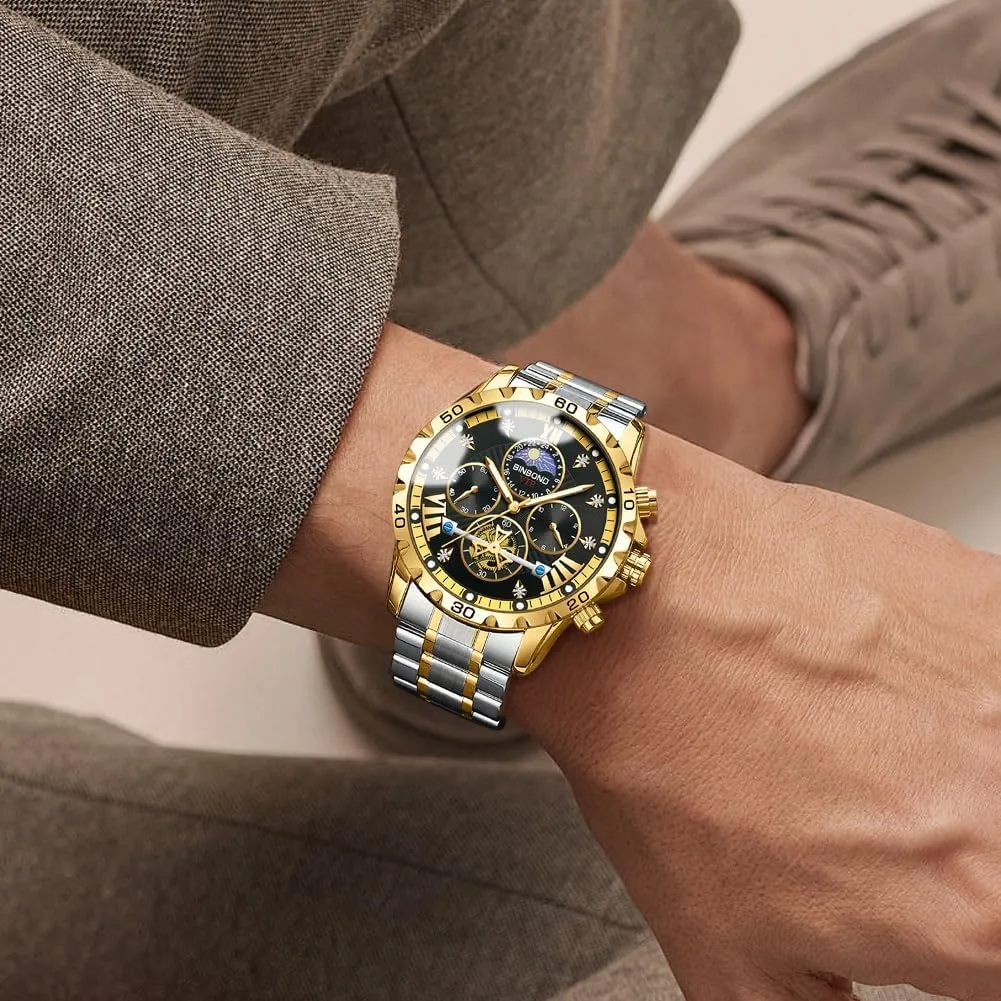 Watches Big Face Dial Stainless Steel Chronograph Fashion Business Dress Diamond ascend concave Multifunction Wrist Watch for Men Waterproof Luminous Mens 