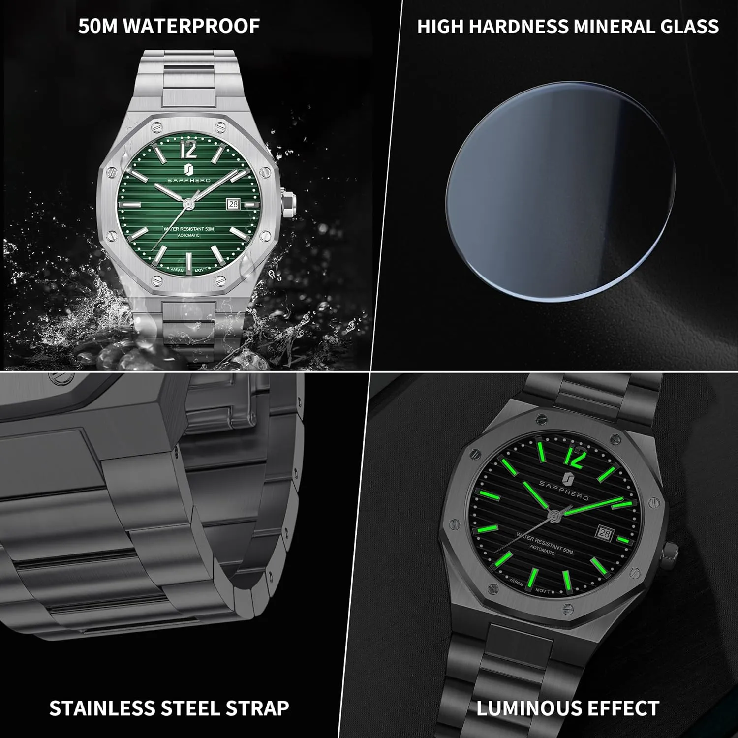 Watches for Men Date Luxury Analog 50 test Meter Waterproof Business Sports Stainless Steel Strap Wristwatches for Man SAPPHERO Men's Watches Mechanical Automatic 
