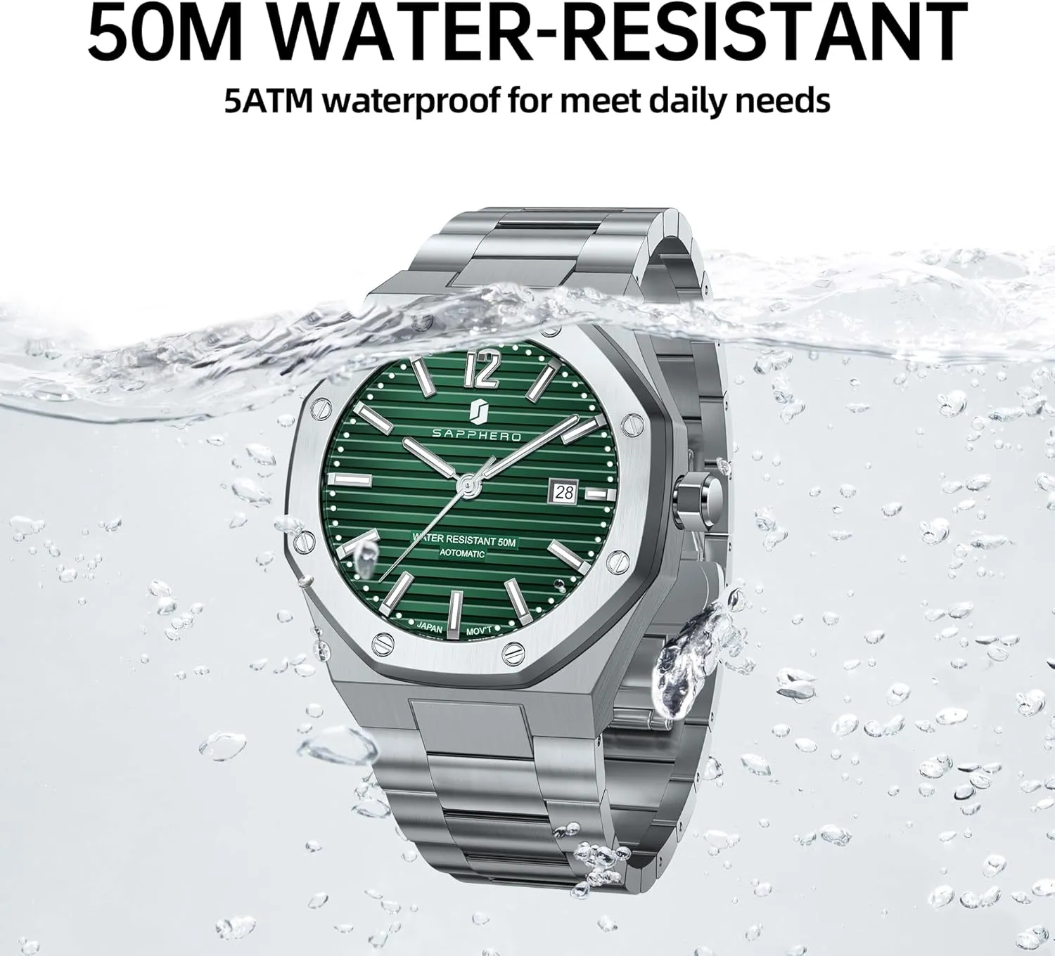 Watches for Men Date Luxury Analog 50 test Meter Waterproof Business Sports Stainless Steel Strap Wristwatches for Man SAPPHERO Men's Watches Mechanical Automatic 