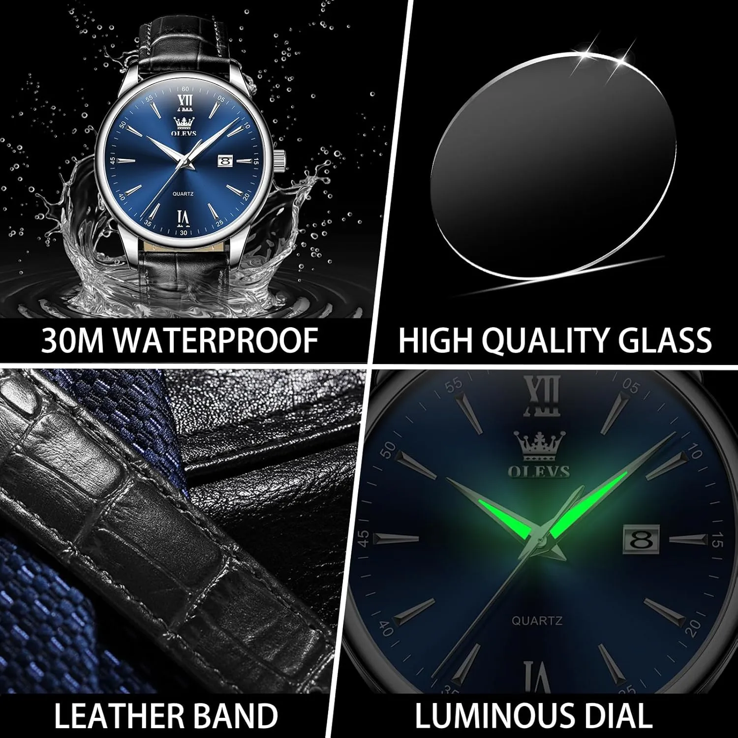 Watch,Reloj para Hombres OLEVS Men Leather Watch,Mens Wrist Watches,Big Face Watches for Men,Leather Band Watches for Men,Day Date Watches spiky intensely datebase for Men,Waterproof Watches for Men,Men Classic 