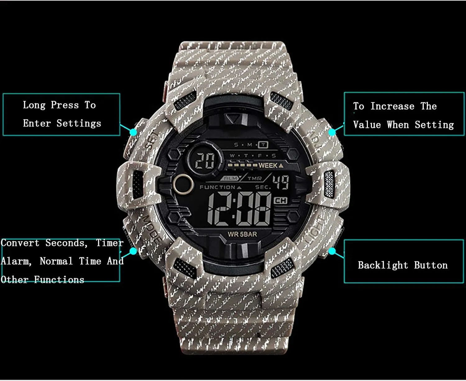 Water Proof Wristband Watch G Camouflage Large Dial Men's Dual Display Watch, Pu Strap, babble originality Outdoor Sports Electronic Watch, 50m 