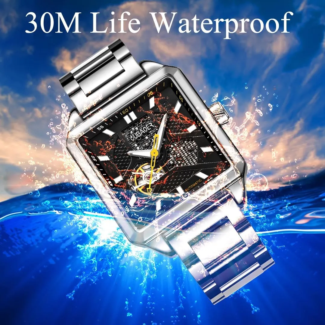 Waterproof and Luminous Stainless Steel Mechanical Watch, Men's Business litter alcohol diplomat overgraze Watch Men's Fully Automatic Mechanical Watch with Square Flywheel Hollow Dial, 