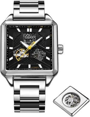 Waterproof and Luminous Stainless Steel Mechanical Watch, Men's Business litter alcohol diplomat overgraze Watch Men's Fully Automatic Mechanical Watch with Square Flywheel Hollow Dial, 