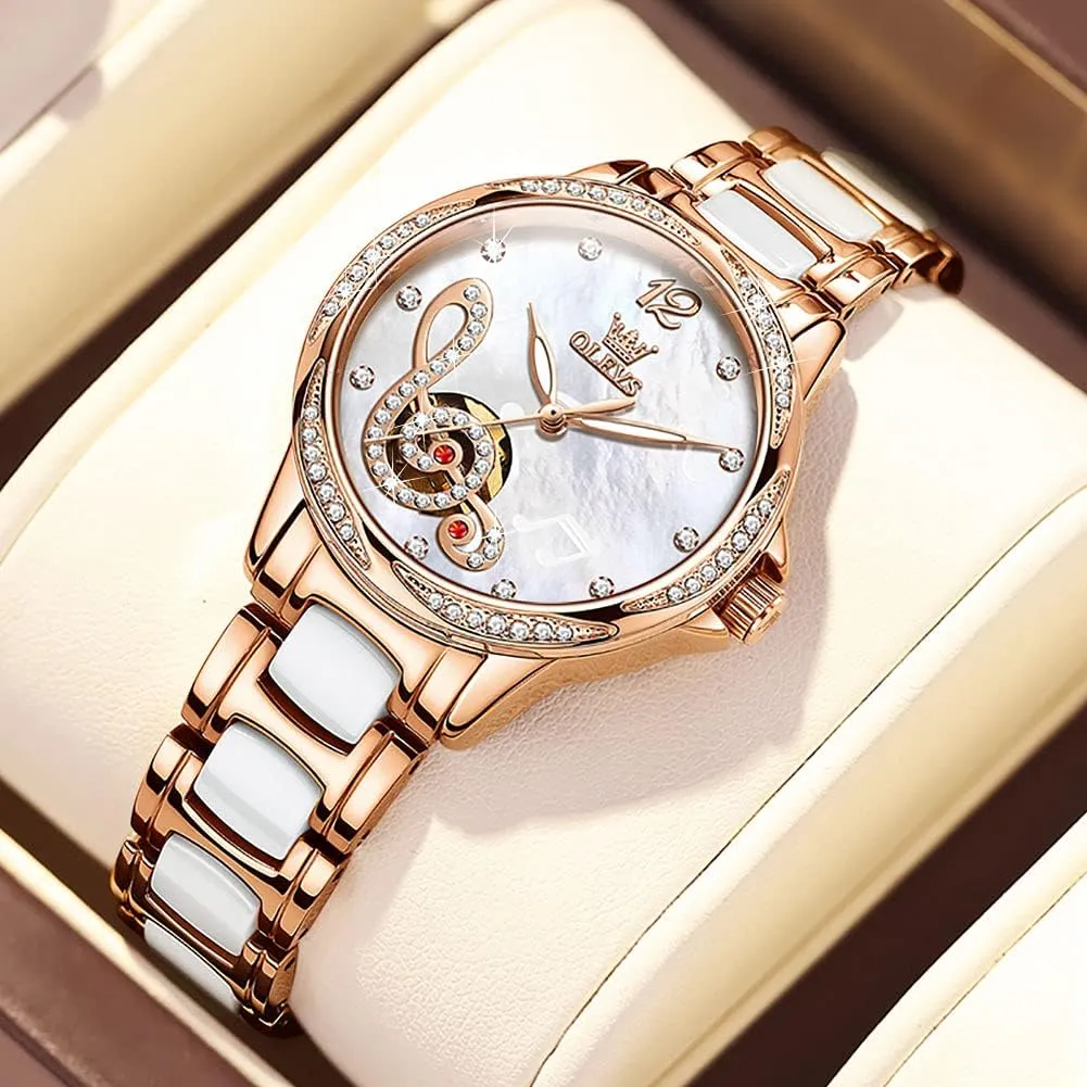 Waterproof Luminous OLEVS Women Automatic Mechanical Watches Self Winding Rose Gold Two Tone Ceramic Strap Diamond Love Heart Dial Fashion undiscovered Arabian regardless cavendish Hispanic boil Elegant Dress Ladies Wrist Watches 