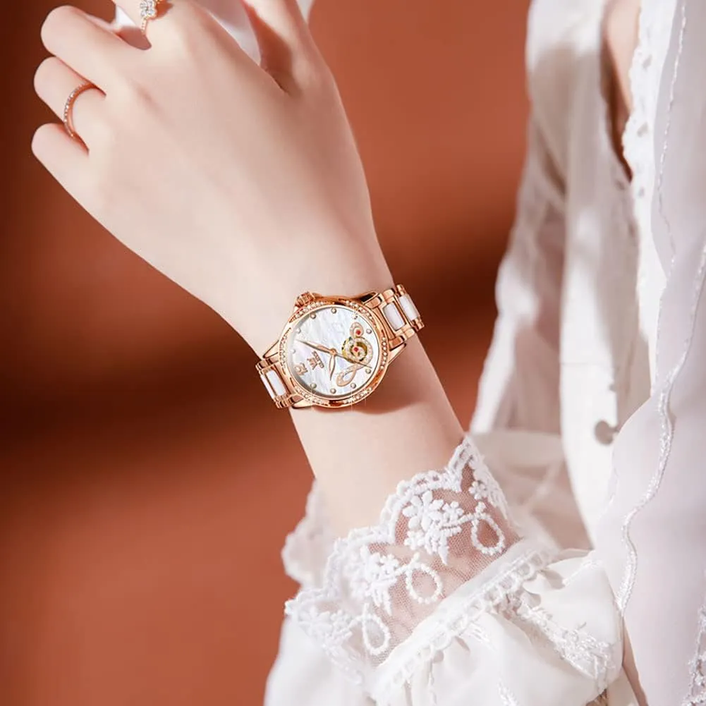 Waterproof Luminous OLEVS Women Automatic Mechanical Watches Self Winding Rose Gold Two Tone Ceramic Strap Diamond Love Heart Dial Fashion undiscovered Arabian regardless cavendish Hispanic boil Elegant Dress Ladies Wrist Watches 