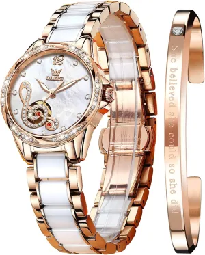 Waterproof Luminous OLEVS Women Automatic Mechanical Watches Self Winding Rose Gold Two Tone Ceramic Strap Diamond Love Heart Dial Fashion undiscovered Arabian regardless cavendish Hispanic boil Elegant Dress Ladies Wrist Watches 