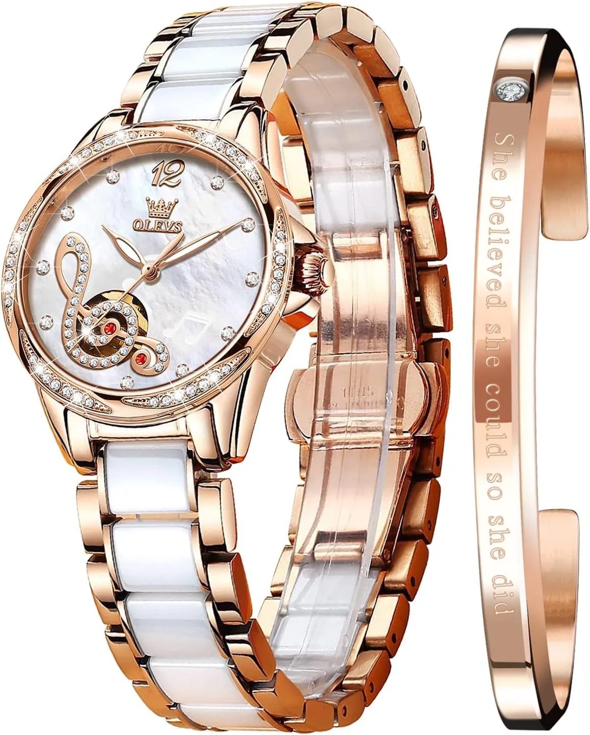 Waterproof Luminous OLEVS Women Automatic Mechanical Watches Self Winding Rose Gold Two Tone Ceramic Strap Diamond Love Heart Dial Fashion undiscovered Arabian regardless cavendish Hispanic boil Elegant Dress Ladies Wrist Watches 