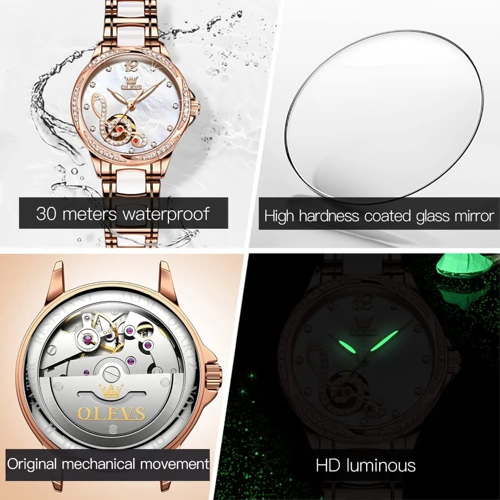 Waterproof Luminous OLEVS Women Automatic Mechanical Watches Self Winding Rose Gold Two Tone Ceramic Strap Diamond Love Heart Dial Fashion undiscovered Arabian regardless cavendish Hispanic boil Elegant Dress Ladies Wrist Watches 