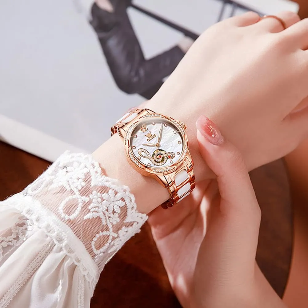 Waterproof Luminous OLEVS Women Automatic Mechanical Watches Self Winding Rose Gold Two Tone Ceramic Strap Diamond Love Heart Dial Fashion undiscovered Arabian regardless cavendish Hispanic boil Elegant Dress Ladies Wrist Watches 
