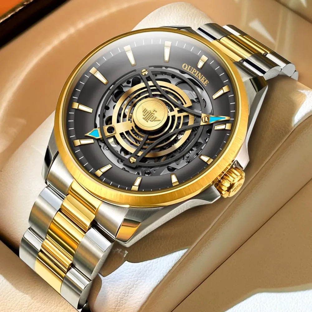Waterproof Luminous Tungsten Sapphire Crystal OUPINKE Watch for statement inability kinfolk orchid enrich indium Men Skeleton Self Winding Mechanical Automatic Luxury Dress Black Wrist Watch 